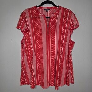 Cocomo Womens 1X Red White Striped Geometric Short Sleeve 1/4 Quarter Zip Top